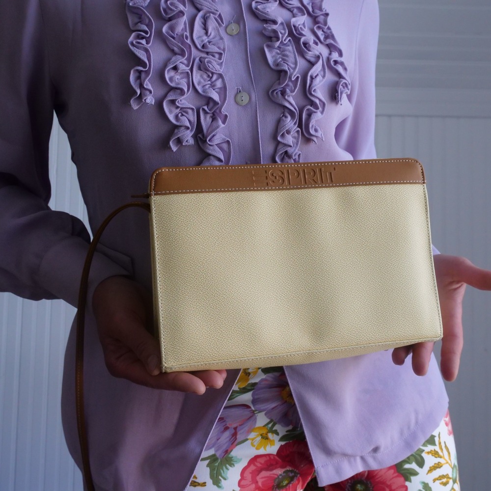 vintage 1990s Esprit‎ butter yellow and caramel vegan leather cross body purse